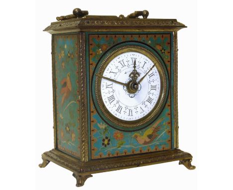 Early 20th-century French tabletop alarm clock, 8-day movement with alarm mechanism, white enamel dial with Roman numerals, h