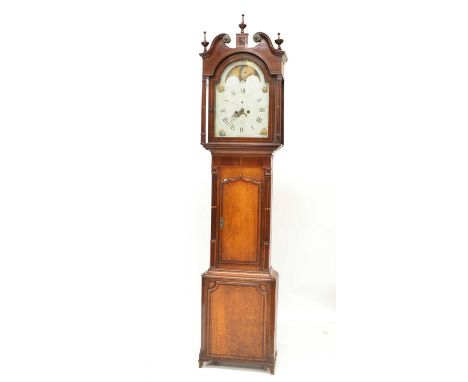 Joyce Whitchurch George III longcase clock, 8-day movement striking on single bell, painted dial with rolling moon, oak case 