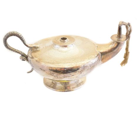 A George V silver table lighter, in the form of a genie's lamp, hallmarks for Birmingham, 1915, gross weight 4.58ozt.