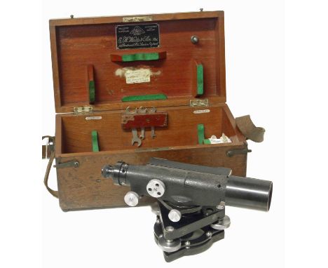 Hilger &amp; Watts Ltd, London, black enamelled surveyors level, contained in mahogany carrying case along with tripod and su