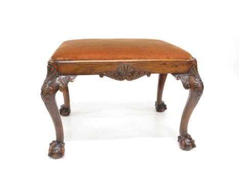 20th-century copy of a George II stool, rectangular upholstered drop-in seat supported on walnut frame, cabriole legs with ca
