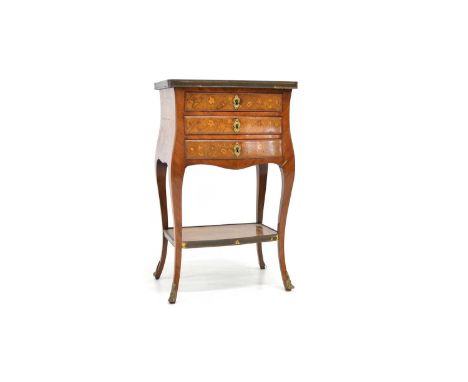 Early 20th-century French bedside cabinet, rouge marble top above Bombay shaped base, veneered in kingwood, marquetry inlay, 