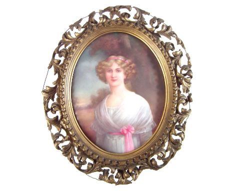 Leslie Johnson signed plaque, painted with a portrait of a lady within gilt frame. The plaque measures 24cm highCondition rep