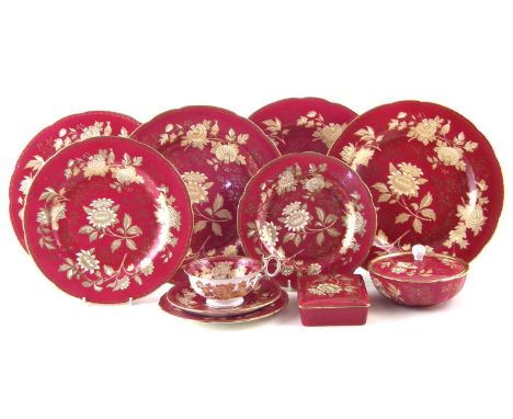 Wedgwood Ruby Tonquin, to include four large 27.5cm plates, a 24cm plate, a 21cm plate, a trio,and two lidded boxes.Condition