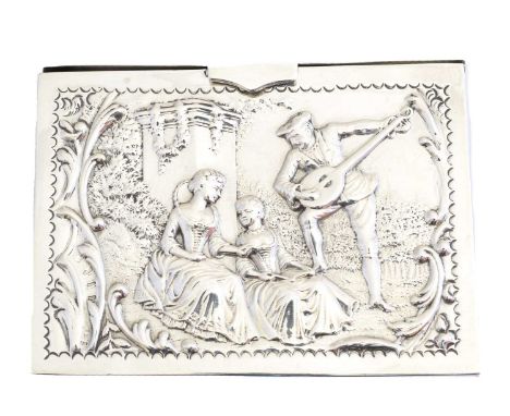 A Victorian silver playing card case, of rectangular form, with embossed figural scene to front, and garden scene to reverse,