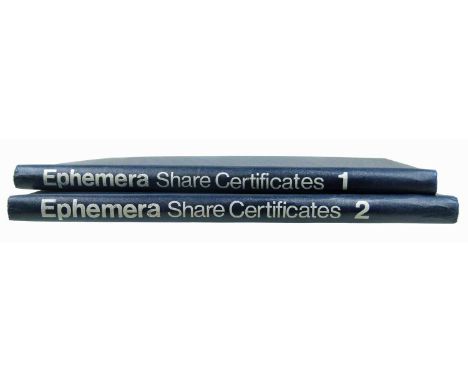 Two spring-back binders (45x30cm) containing share certificates (85 pages approx.).Qty: 2
