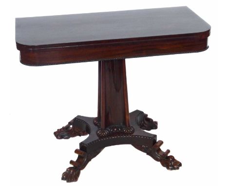 William IV rosewood veneered foldover tea table, "D" shaped top with three-inch frieze all supported on unusual convex-shaped