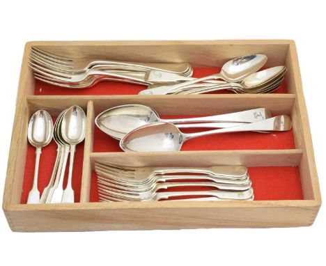 A large selection of silver flatware, to include six fiddle pattern dessert forks, four old English pattern table spoons, sev