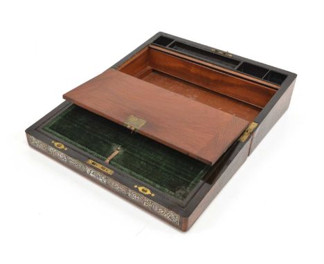 Victorian rosewood veneered writing slope, inlaid with mother-of-pearl ebonised interior with green velvet writing surface, p