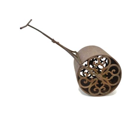 Victorian cast iron garden roller, wrought metal t-bar, cast roller with decorative pierced panels showing independent revolv