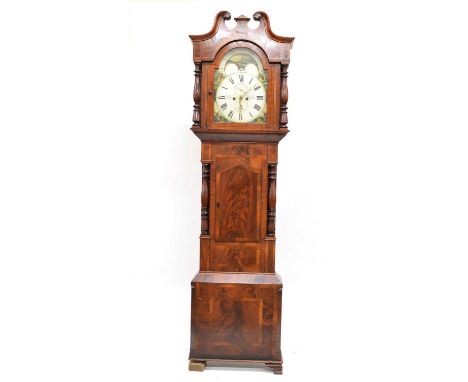 Esplin Wigan longcase clock, 8-day movement striking on a single bell, arched painted dial with rolling moon, secondary minut