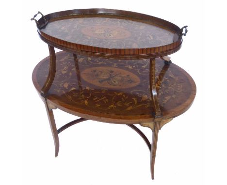 Edwardian mahogany etagere detachable oval tray with brass handles and glazed base, sitting on platform shelf with sabre supp