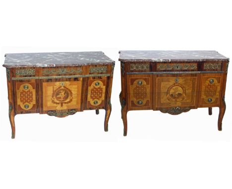 A pair of Mid 20th century Italian design commode chests, each with rouge marble top, single frieze drawer with cast brass mo