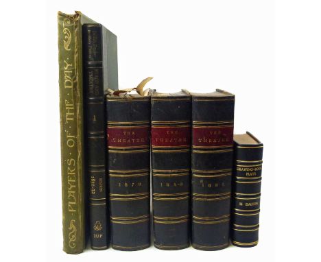 Six theatre related volumes to include The Theatre, a monthly magazine, 1879-1881, black calf spines, red little labels, spin