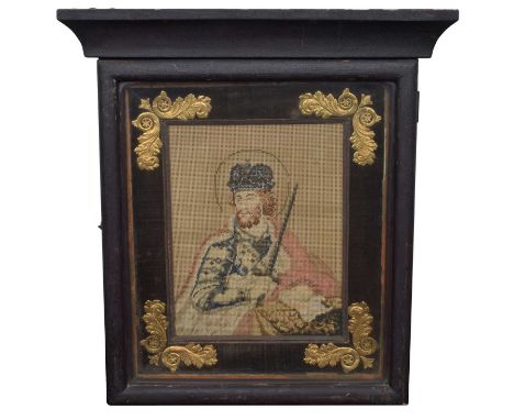 Russian Orthodox Icon with needlework picture of Saint Mercurius with a sword. Black wooden case with glass door, fabric fram