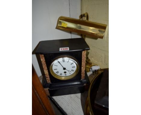 A slate and marble mantel timepiece; together with a brass lamp. 