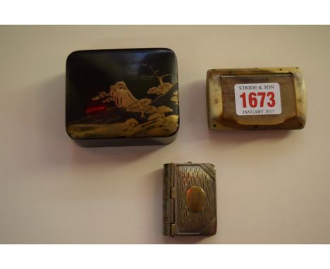 A 19th century horn snuff box; together with a Japanese box and cover; and a plated metal combination vesta and stamp box, in