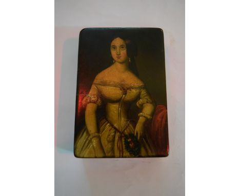A 19th century Continental papier-mache snuff box, the hinged top painted with an early 19th century lady, stamped to the int