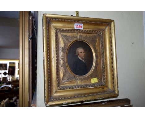 English School, 18th century, bust length portrait of a man, oil on board, 12.5 x 10cm, oval. 