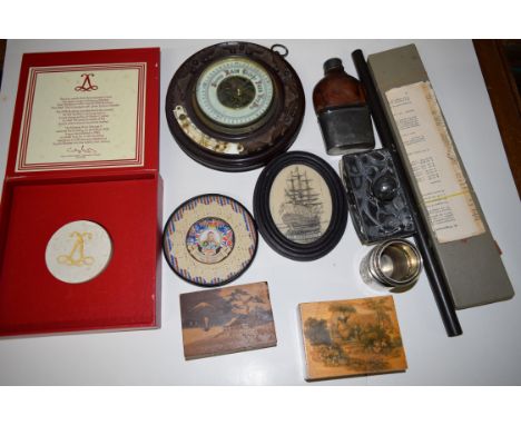 A mixed lot, to include an aneroid barometer; electroplate; an Edward VIII commemorative coaster; snuff box, etc.