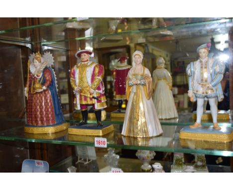 A set of four Royal Worcester Tudor figures, comprising: Queen Elizabeth, No.2648; Henry VIII, No.2637; Anne Boleyn, No2652; 