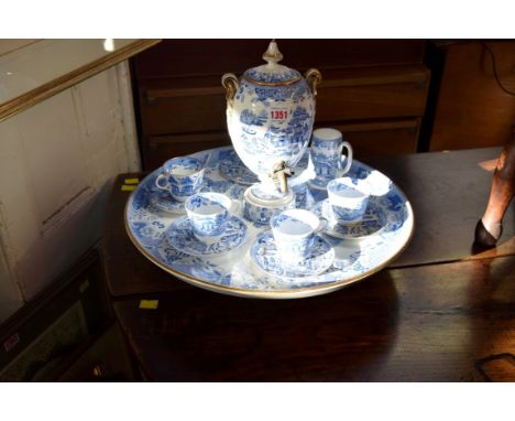 An unusual Victorian Coalport blue and white tea urn and integral circular tray, 44.5cm diameter, with five matching tea cups