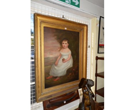 English School, early 19th century, full-length portrait of a young child in a landscape, unsigned, oil on canvas, 89 x 66cm.