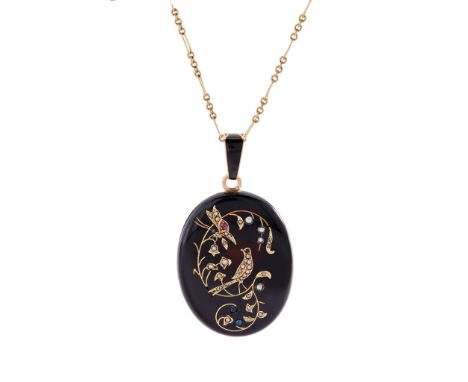 A French onyx and gem-set pendant the oval onyx panel with inlaid sapphire, ruby and seed pearl detail of birds in foliage, g