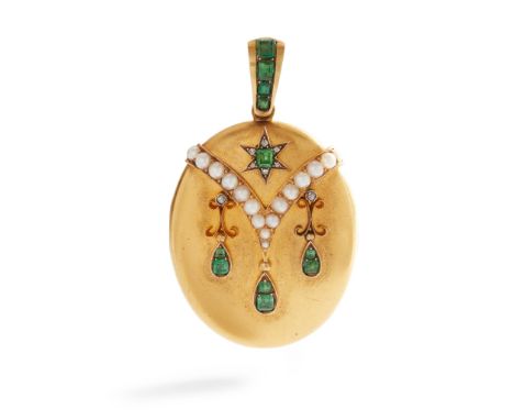 A Victorian emerald, diamond and pearl locket of oval outline, set throughout with square step-cut emeralds, (untested) pearl