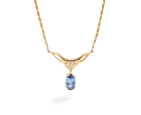 A Tanzanite and diamond necklace part collet-set with an oval-cut Tanzanite, suspended from a pavé-set diamond panel, to an i