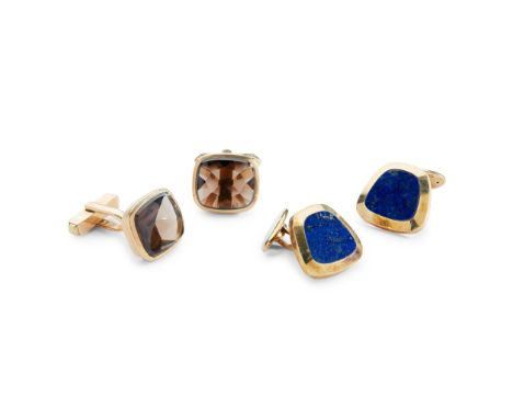 Two pairs of gentleman's cufflinks the first pair set with a lapis lazuli panel, secondary torpedo terminal, stamped 585; the