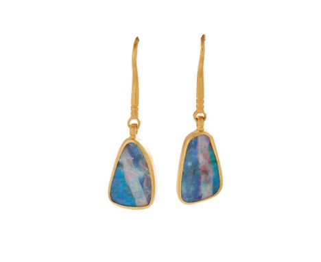 A pair of opal pendent earrings each collet-set with a polished opal panel, suspended from hook fittings, modelled in 18ct go