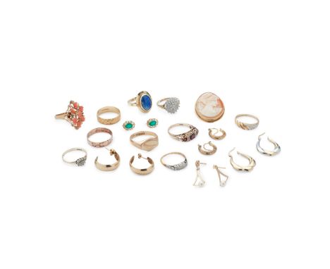 A collection of gem-set jewellery to include an 18ct gold wedding band, a 9ct gold signet ring and wedding band, various 9ct 