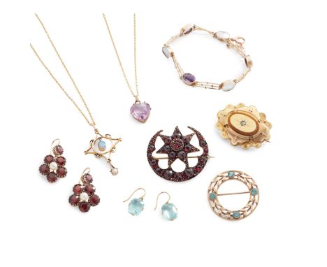 A collection of gem-set jewellery to include a 9ct gold circular zircon brooch, an amethyst and mother-of-pearl bracelet, sta