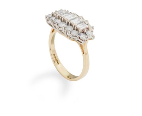 A diamond cluster ring claw-set with five graduated baguette-cut diamonds in a border of round brilliant-cut diamonds, modell