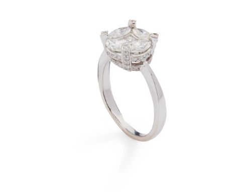 A diamond cluster ring set with four princess-cut diamonds and four marquise-cut diamonds, the claws and gallery also set wit