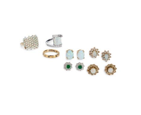 A collection of gem-set jewellery to include a pair of 18ct gold emerald and diamond set cluster earrings, a pair of opal and