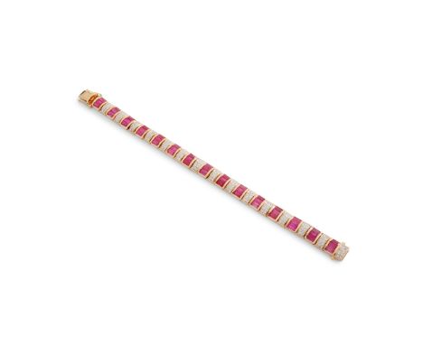 A ruby and diamond bracelet composed of alternating channel-set baguette-cut ruby links and pavé-set round brilliant-cut diam