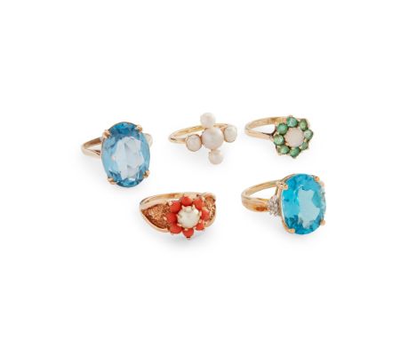 A collection of gem-set rings to include a 9ct gold blue spinel cocktail ring, a 9ct gold blue topaz and diamond cocktail rin