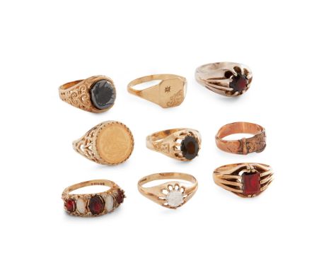 A collection of gem-set rings to include a 9ct gold garnet and opal five-stone ring, a 9ct gold colourless gem-set ring; a 9c