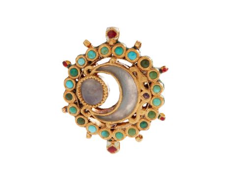 An Indian gem-set and enamel pendant set with various turquoise, ruby and quartz in a sun and moon motif, enamel foliate deco
