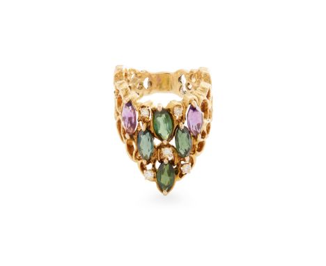 A 1970s tourmaline, diamond and amethyst dress ring of pierced design, set with various marquise-cut green tourmalines and am