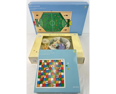 3 modern boxed toys/games to include 2 from John Lewis. A wooden pinball football game, a Ludo/Snakes &amp; Ladders reversibl