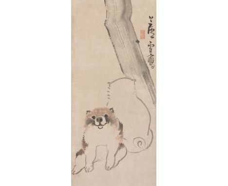 NAGASAWA ROSETSU (1754-1799): 'TWO PUPPIES BENEATH A BLOOMING PLUM TREE'Japan, 18th century. Ink and watercolor on paper. Mou