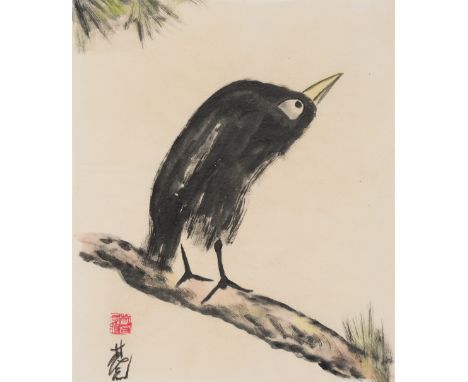 LIN FENGMIAN (1900-1991): 'CROW ON PINE BRANCH'China, 20th century. Ink and watercolor on rice paper. Set behind a mat and in