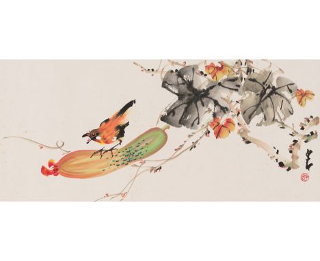 ZHAO SHAO'ANG (1905-1998): 'SPARROW ON GOURD'China, 20th century. Ink and watercolors on paper. Framed by a silk brocade coat