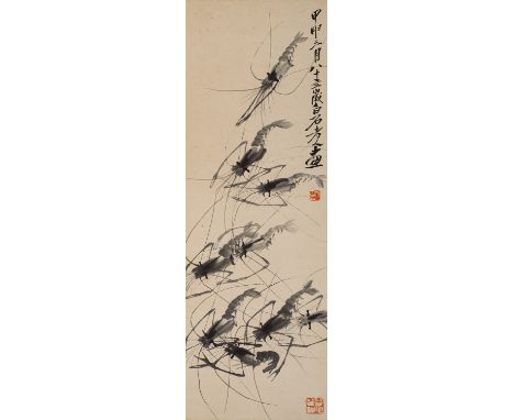 QI BAISHI (1864-1957): 'SHRIMP'China, dated 1944. Ink on paper. Mounted as a hanging scroll, with a silk brocade coated paper