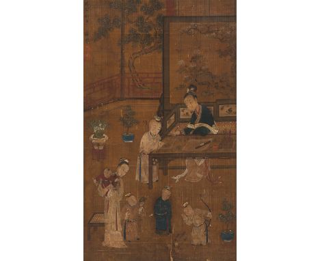 AFTER TANG YIN (1470-1523): 'COURT LADIES AND BOYS'China, Qing dynasty (1644-1912). Ink, watercolor, and gouache on silk. Mou