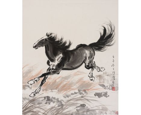 XU BEIHONG (1895-1953): 'GALLOPING HORSE'China, dated 1942. Ink and watercolor on paper. Mounted as a hanging scroll, on a si