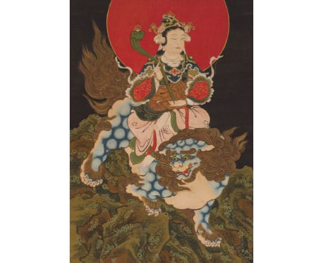A BUDDHIST KAKEMONO, 'MONJU BOSATSU RIDING A SHISHI'Japan, Edo period (1615-1868). Ink, watercolors, gouache, and gold paint 